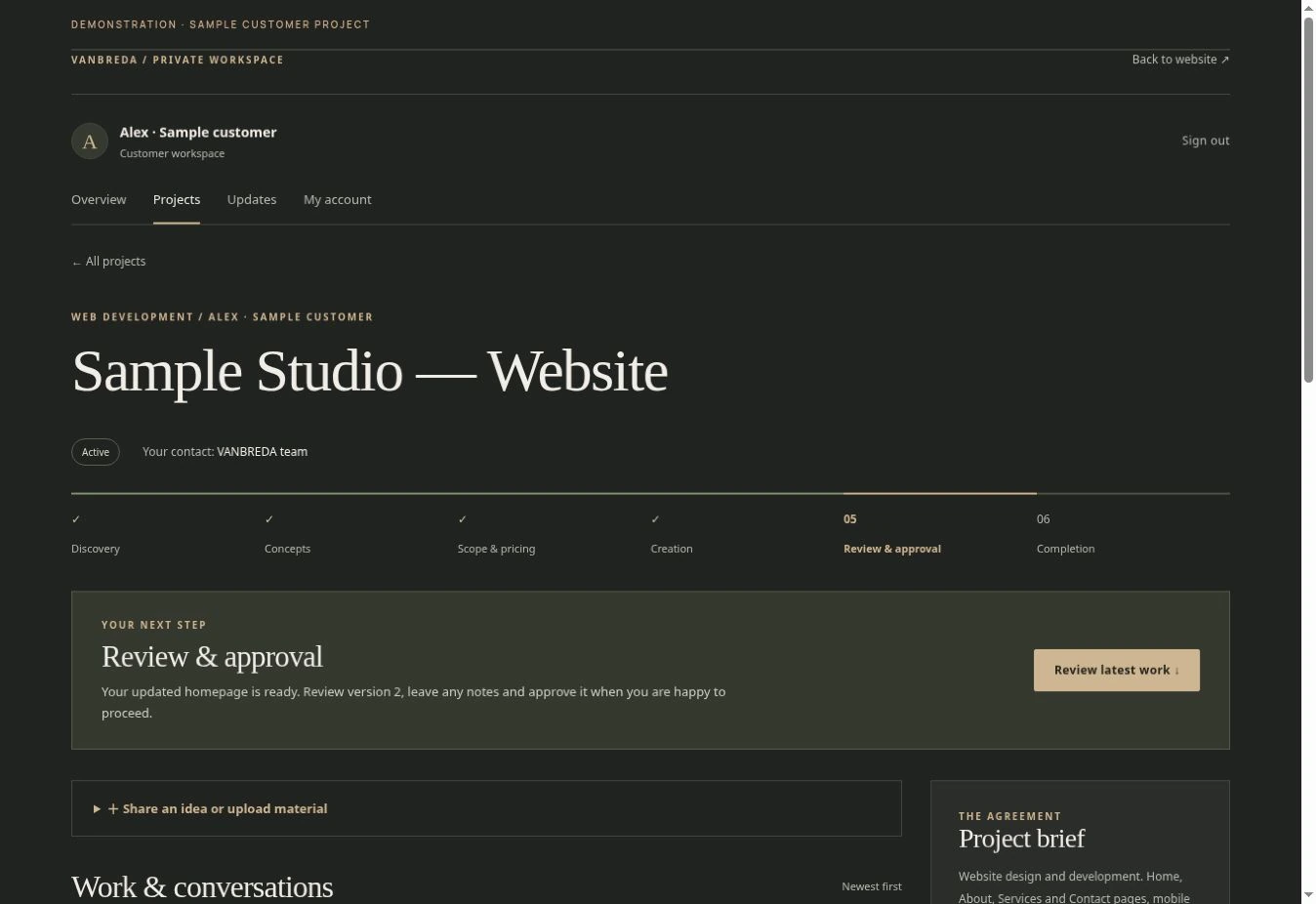 Sample VANBREDA customer workspace for Sample Studio, showing completed stages, Review and approval as the current stage, and a request to review homepage version 2.