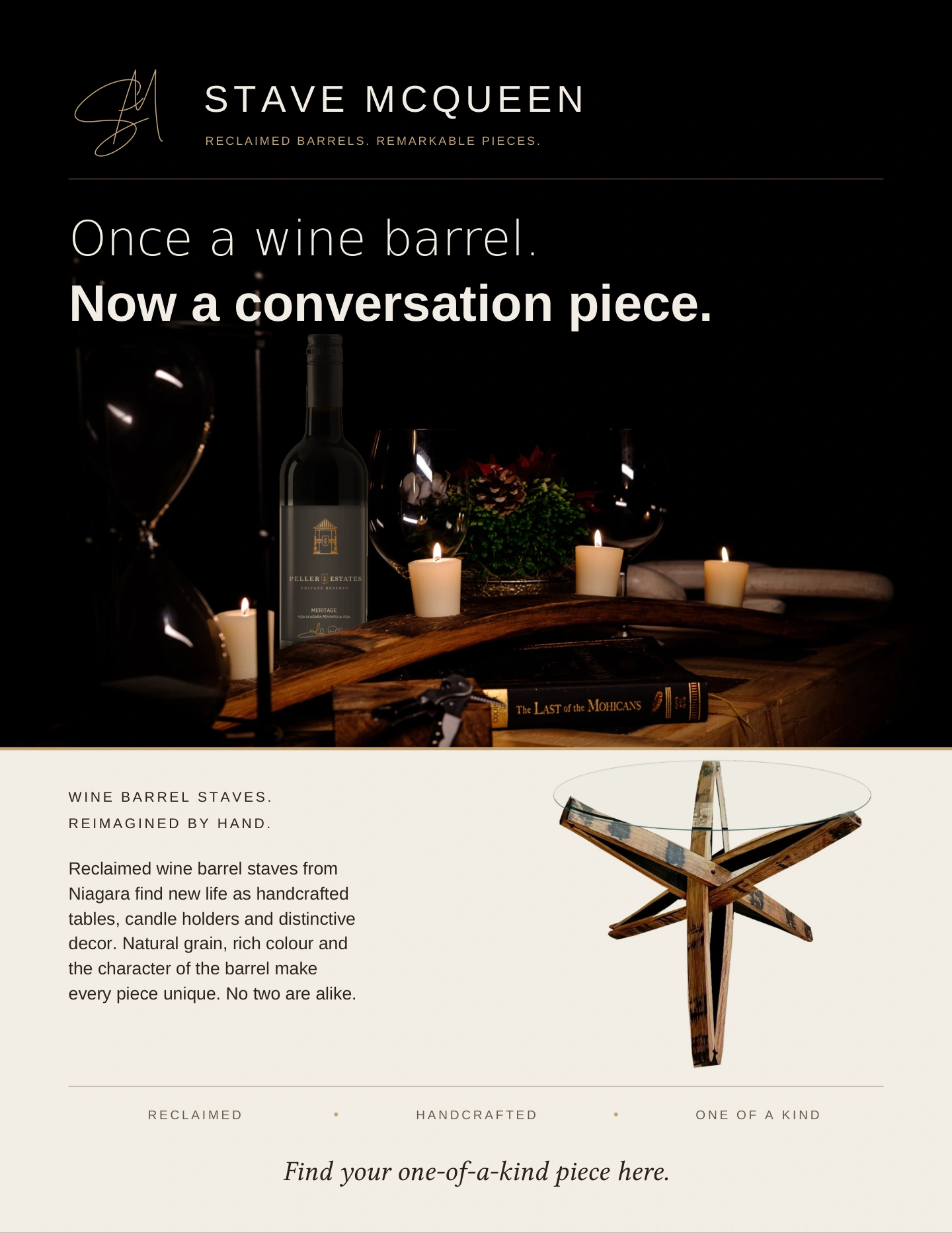 The finished Stave McQueen point-of-sale brochure, combining the brand identity, product photography and the story of reclaimed Niagara wine barrel staves.