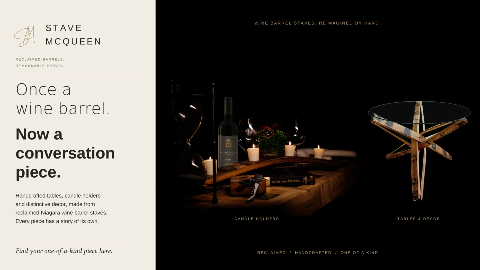 Stave McQueen presentation featuring the logo, a wine barrel stave candle holder and a glass-topped table, with the line Once a wine barrel. Now a conversation piece.